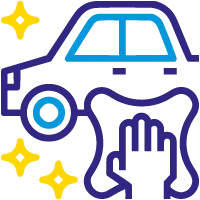Icon mit funkelndem Fahrzeug und Hand mit Poliertuch über Information zur Lösbarkeit von Dellenproblemen nach Parkplatzremplern oder Hagelschäden