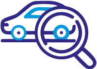 Icon einer Lupe vor einem stilisierten Auto symbolisiert die aufmerksame Beobachtung unserer Mitarbeiter bei der Handwäsche, um mögliche kleine Schäden zu erkennen