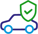 Icon zeigt ein stilisiertes Auto mit einem Häkchen auf einem Ritterschild, das auf den Aspekt des Werterhalts und der Optik mit Kostenübernahme durch Versicherungen hinweist