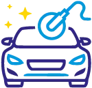 Icon zeigt ein stilisiertes Auto mit einer Poliermaschine, das auf eine gezielte Verbesserung der Optik der von uns bearbeiteten Kundenfahrzeuge hinweist