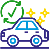 Icon zeigt Fahrzeug mit Glanzsternchen und grüne Checkbox mit Rundumpfeil, verweist auf Werterhalt und effektiven Schutz durch Innenraumaufbereitung