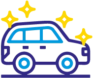 Icon zeigt ein stilisiertes Auto mit strahlenden Sternchen, das auf das farbintensive optische Ergebnis nach einer Lackaufbereitung hinweist