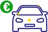 Icon zeigt ein Euro-Symbol auf grünem Hintergrund neben einem stilisierten Auto, das auf Einsparmöglichkeiten durch Vermeidung einer teuren Totallackierung hinweist